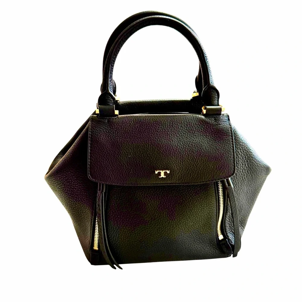 Tory Burch Black Half Moon Pebbled Leather Sachel Bag Gold Hardware Crossbody - Picture 3 of 16